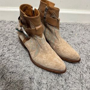 Ost Italian Tan Suede Cowboy Ankle Boots with Teal Stitching